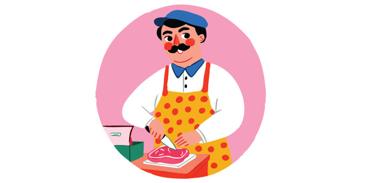A skilled butcher is seen meticulously trimming a fresh cut of meat at a local butcher shop. Illustrative style, and a charming scene capturing the essence of traditional butchery. - Powered by Adobe