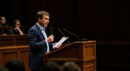 Speaker holding notes and a microphone delivering a lecture at a podium. Copy space.