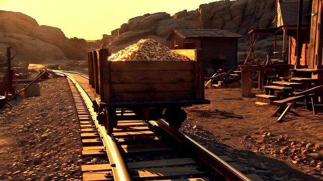 Mining cart loaded with gold rides past cabin. Railroad bends through rocks near goldmine cart. Wooden mining shack and treasure cart at sunset. Treasure gold glows near mining track adventure path.