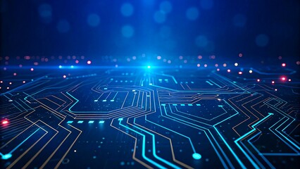 Futuristic digital circuit board with glowing blue lines and data connections in a high-tech technology background
