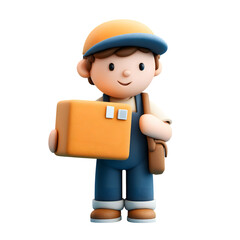 Cartoon delivery man holding package on a transparent background for advertising