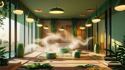 Modern relaxation room with green aesthetic featuring ambient lighting and decorative greenery
