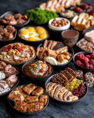 Diverse Array of Gourmet Snacks and Sweets on a Dark Background