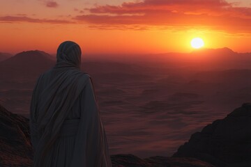 Person contemplates sunrise in desert mountains