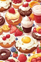 Colorful Dessert Pattern with Cakes, Fruits, and Sweet Treats