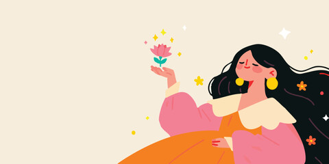A whimsical illustration captures a woman's enchanting moment, as she gracefully holds a blooming flower. The artwork is imbued with elements of dreams, fantasy, and a touch of magic.