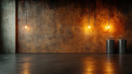 Obraz premium An industrial space featuring a rusty wall illuminated by warm hanging lights, creating an ambiance that blends modernity with a vintage feel, perfect for creative projects.