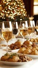 Festive Table Setting with Assorted Dishes and Drinks for Celebration