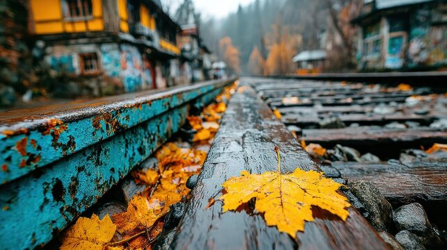 Autumnal railway tracks, wet leaves