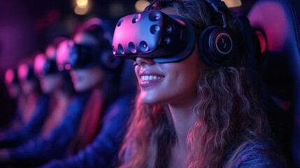 Obraz premium Immersive virtual reality experience, A group of young women enjoy a VR game
