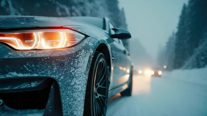 Close-up of a modern car driving through snowy conditions, highlighting the illuminated headlight and snow-covered tire - Powered by Adobe