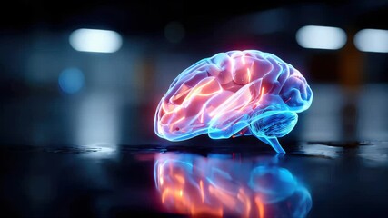 Glowing digital brain with neon highlights placed on a reflective dark surface, representing artificial intelligence - Powered by Adobe