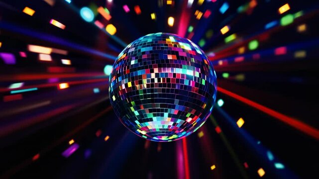 Animated silver disco ball reflecting moving party lights, dance rhythm, music energy, mirror surface, club visuals