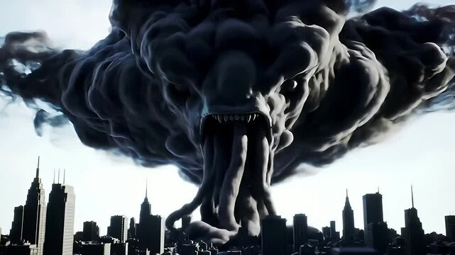 Dark, monstrous cloud looms over city skyline, revealing a terrifying face, symbolizing fear, apocalypse, environmental destruction, and urban threat