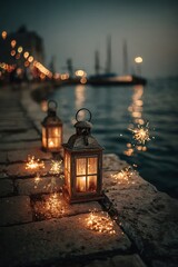Romantic lanterns illuminating a waterfront walkway at dusk.