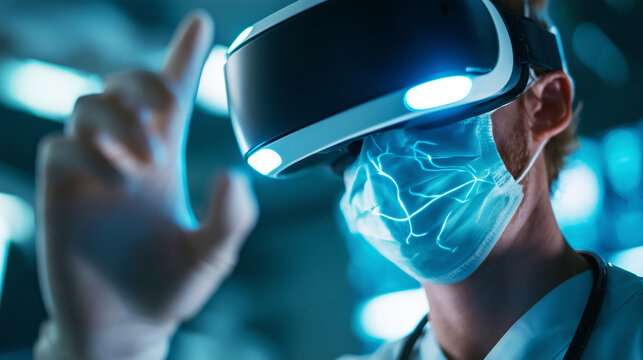 Doctor using VR headset to simulate remote robotic surgery, high-tech medical laboratory scene, futuristic healthcare innovation, photorealistic close-up, surgical training - Powered by Adobe