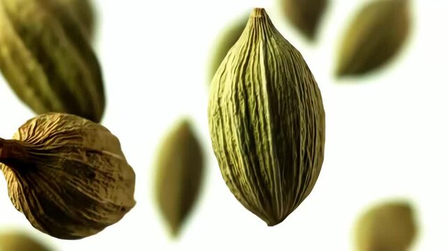 Green cardamom pods floating with natural texture on a bright white background
