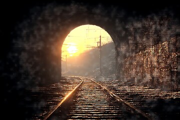 Railroad tracks through a tunnel at sunrise.
