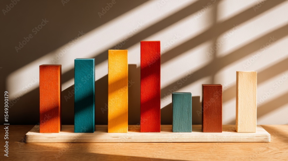Aufkleber A clear and concise business bar graph showing comparative data between competitors, featuring vibrant colors and shadows, placed on a light wooden table for emphasis.