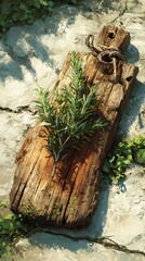 Rustic wooden cutting board with rosemary sprigs.