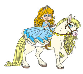 Cute cartoon little blond princess riding on a white horse with golden mane on white background