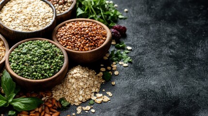 Fototapeta premium A vibrant assortment of grains and greens displayed in wooden bowls, showcasing the freshness and variety of ingredients for healthy cooking and meal preparation.