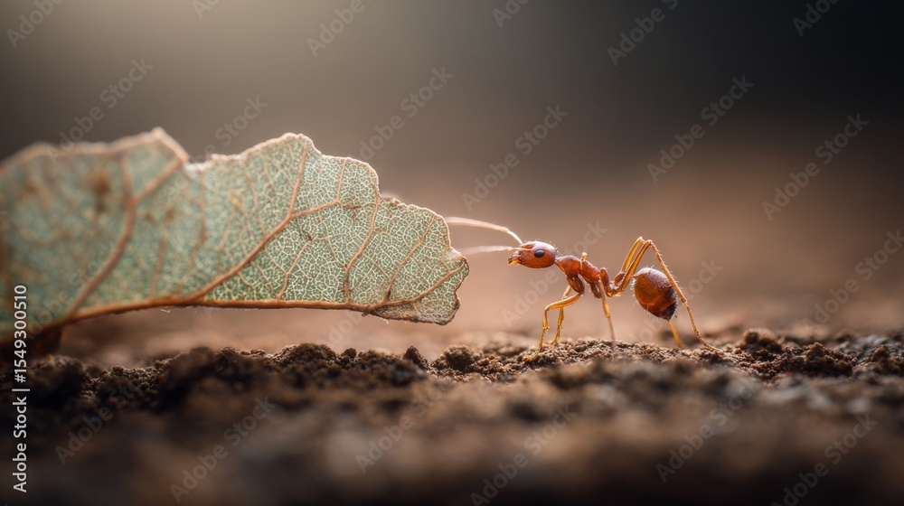 Aufkleber A close-up of an ant lifting a small piece of leaf and walking across the surface, with the texture of the leaf and soil in the background
