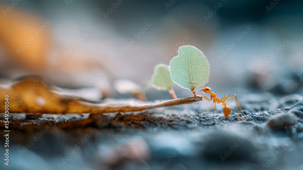 Poster A close-up of an ant lifting a small piece of leaf and walking across the surface, with the texture of the leaf and soil in the background