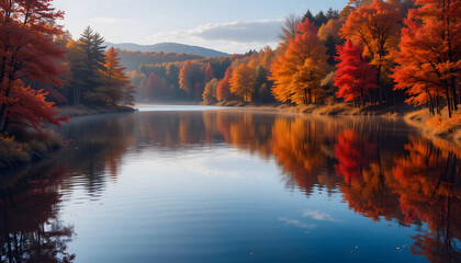 Obraz premium Vibrant autumn foliage reflected in a calm lake with sunlight casting golden hues