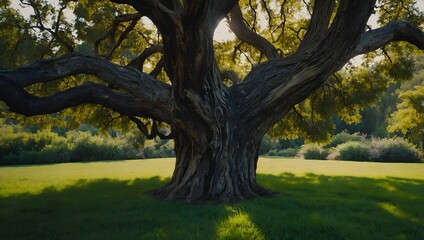 Fototapeta premium Majestic Oak Tree in a Lush Green Field
