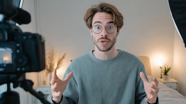 Content Creator at Work: A content creator, brimming with enthusiasm, stands before the camera, crafting engaging content and communicating effectively to inspire and inform