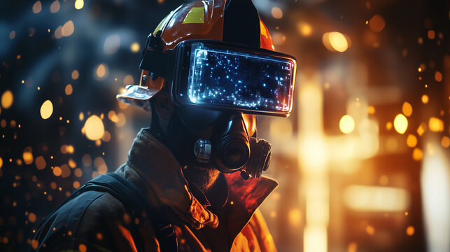 A firefighter wearing a helmet and protective gear is seen through a futuristic visor displaying digital information. The background glows with blurred warm light.