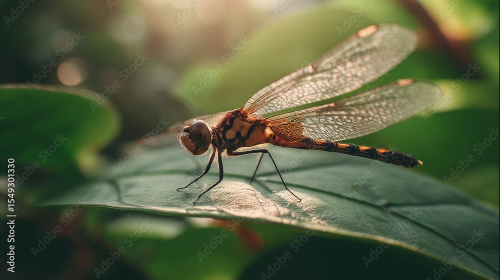Aufkleber a close-up of a dragonfly perched on a leaf, with sunlight glinting off its wings and the leaf's sur