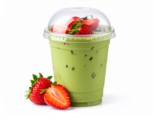 Strawberry matcha latte, with ice cubes in plastic cup