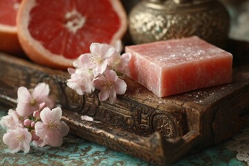 Pink soap bar with grapefruit slices and cherry blossoms.