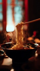 Noodles lifted from a steaming bowl of soup.