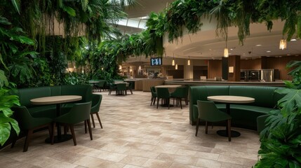 Obraz premium A serene and inviting indoor dining area, beautifully adorned with lush greenery, providing a perfect atmosphere for relaxation and socializing in a modern setting.