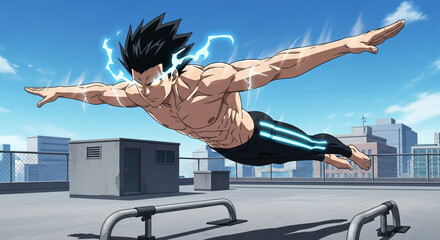 A male anime warrior performing a perfect Maltese planchet on paracletes in an outdoor urban rooftop setting. His arms are fully extended sideways, body hovering low and perfectly  