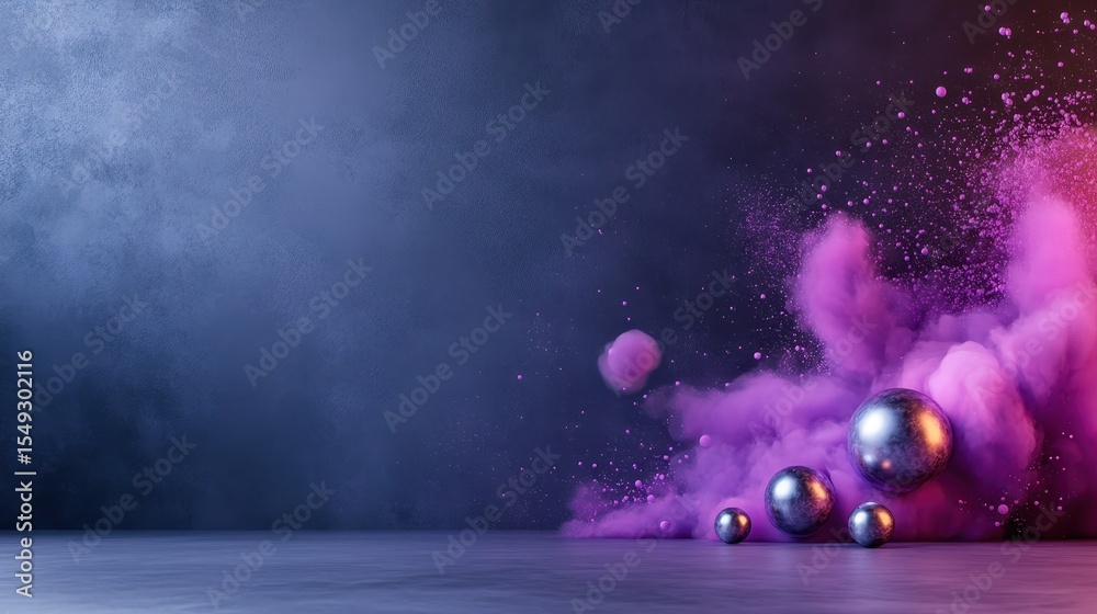 Poster a striking visual of metallic spheres surrounded by colorful smoke, creating an abstract and dynamic