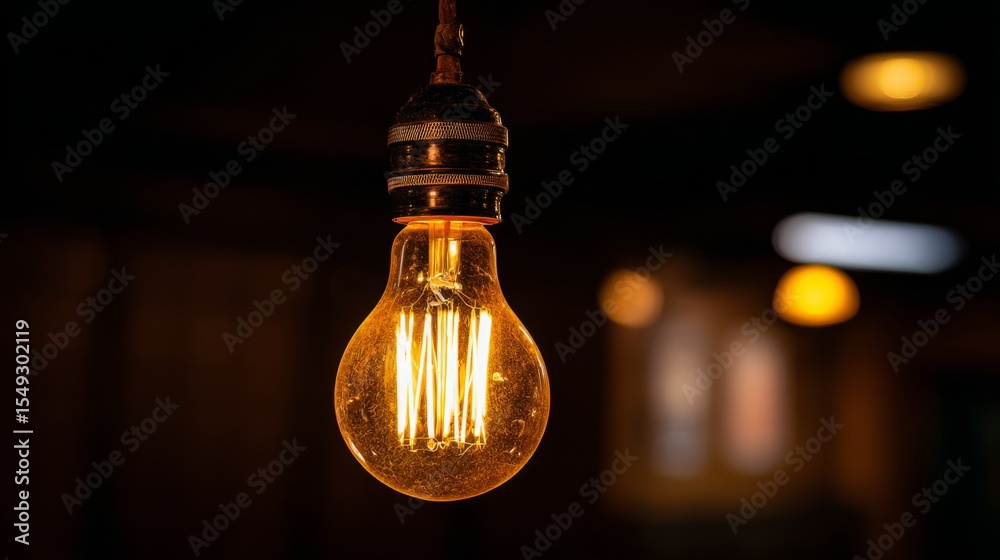 Poster a close-up of a light bulb glowing softly in a dim room, with the filament clearly visible and the w