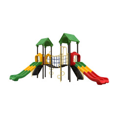 Colorful playground equipment with two slides, one green and one red, and a climbing structure. Designed for children's play and outdoor activities.
