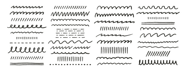 Crayon hand drawn strokes, underlines, smears, strikethroughs, curls, wavy lines set. Pencil squiggles elements. Black doodle style chalk sketches on white background. Vector illustration