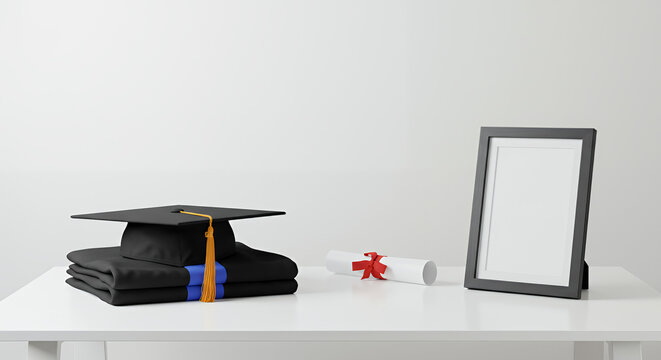 Graduation cap and diploma on a table with copy space