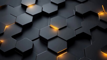 Abstract dark hexagonal pattern with golden accents rendering, a futuristic tech inspired background