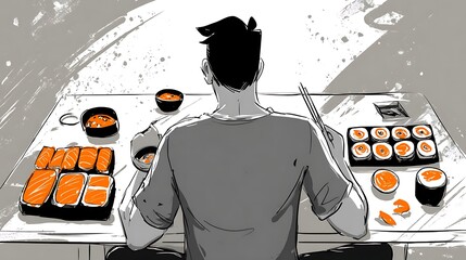Person enjoying a meal of sushi.