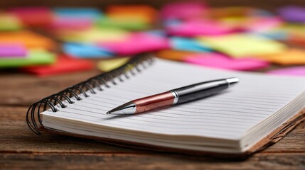 A close-up of a notebook and pen resting on a wooden table, surrounded by colorful sticky notes, symbolizing the act of brainstorming and expressing ideas creatively