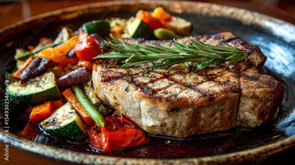 Poster a close-up of a pork steak garnished with rosemary and served on a rustic plate, with a side of colo