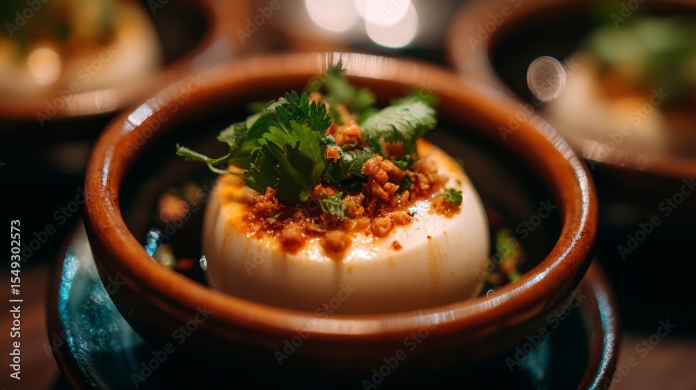 Aufkleber a close-up of a perfectly cooked steamed egg with a smooth surface, garnished with minced pork and f