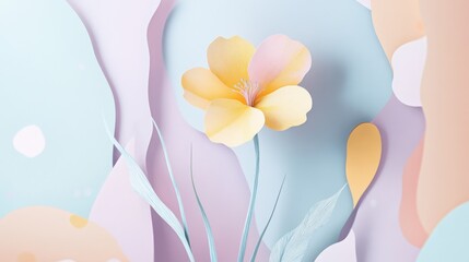 Delicate Paper Art, A Yellow Flower Amidst Pastel Abstract Shapes