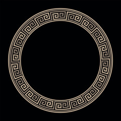 Gold Greek round frame on black background. Greek meander. Patterns of Ancient Greece, ancient Rome Empire. Circle european border. Typical egyptian, assyrian, greek motives. Template for design